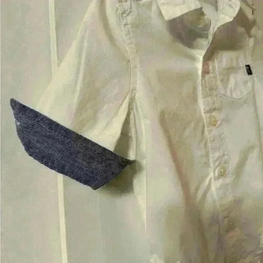 Baby Bgosh white collar button up onesie with cuffed denim sleeve size 3m EUC